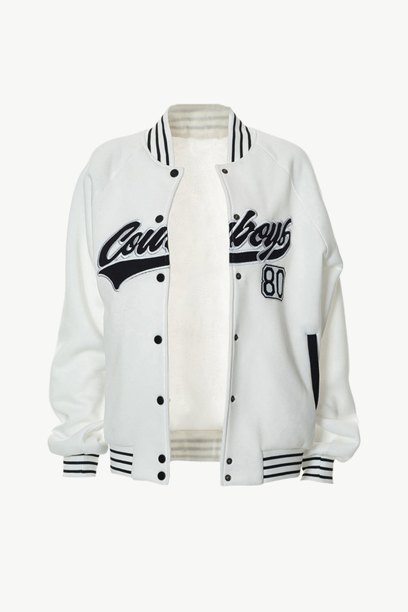 Striped Graphic Snap Front Bomber Jacket