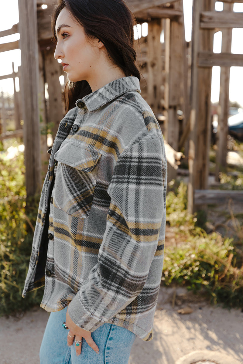 Plaid Button Front Curved Hem Shacket with Pockets