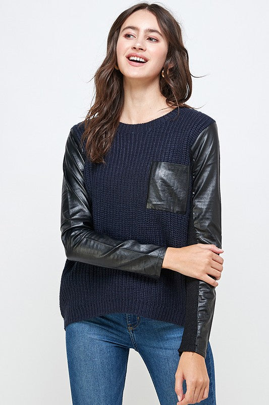 Vegan Leather Sweater High Low Top