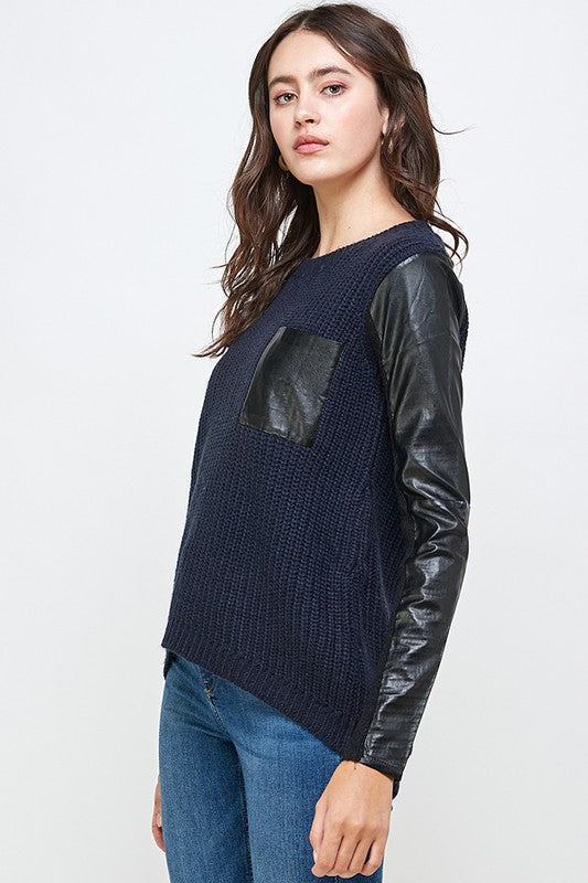Vegan Leather Sweater High Low Top
