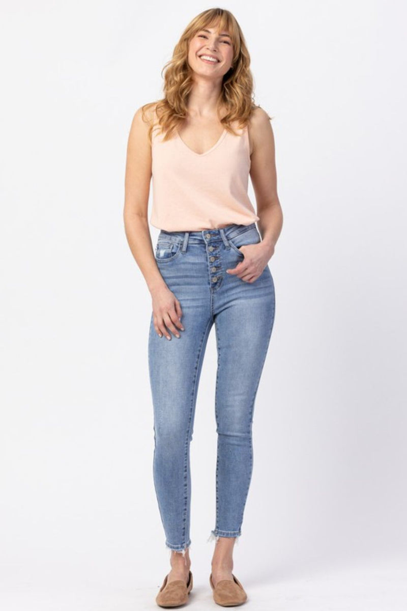 Judy Blue Full Size Button Fly Raw Hem Jeans