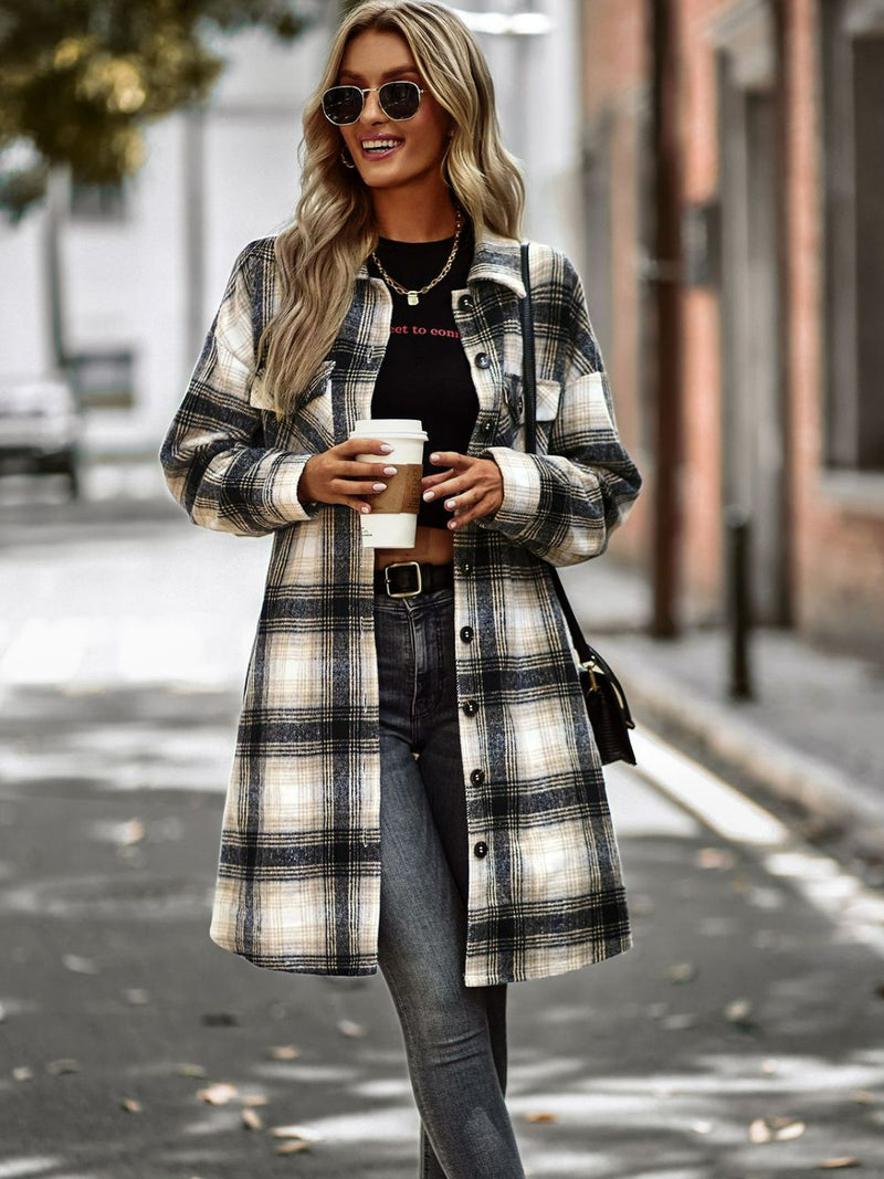 Plaid Button-Up Longline Jacket with Pockets