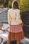 Color Block Belted Puff Sleeve Surplice Dress