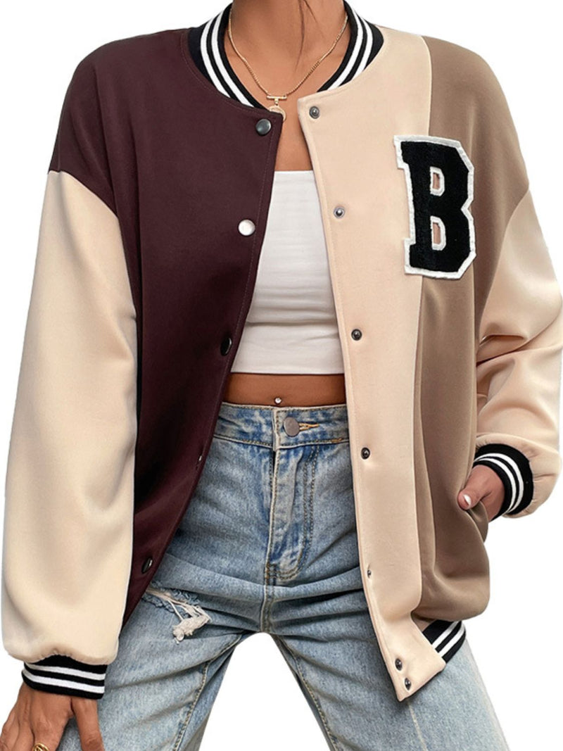 Graphic Color Block Snap Down Bomber Jacket