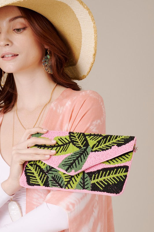 Palm Leaves Beaded Clutch Bag
