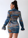Printed Flounce Sleeve Drawstring Detail Bodycon Dress
