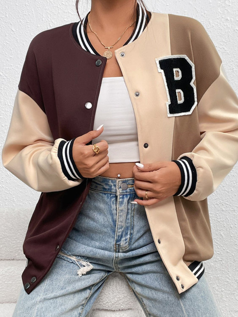 Graphic Color Block Snap Down Bomber Jacket